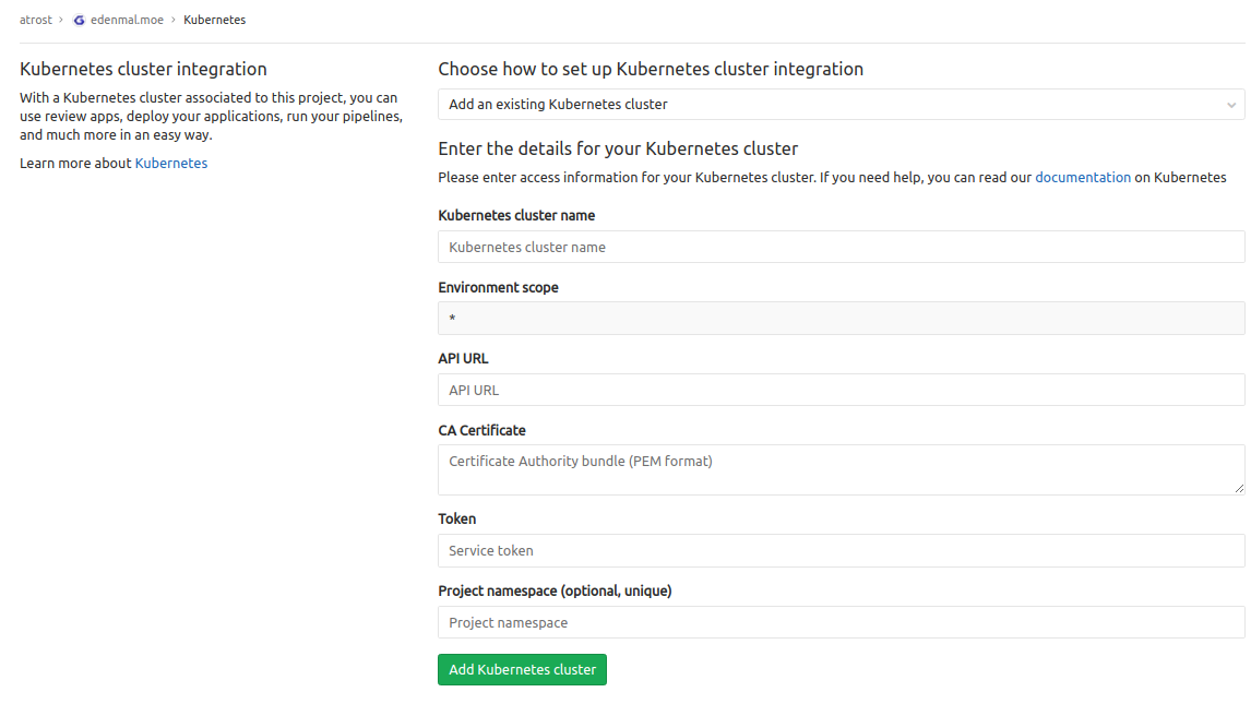 GitLab CI Kubernetes cluster - Add existing cluster form