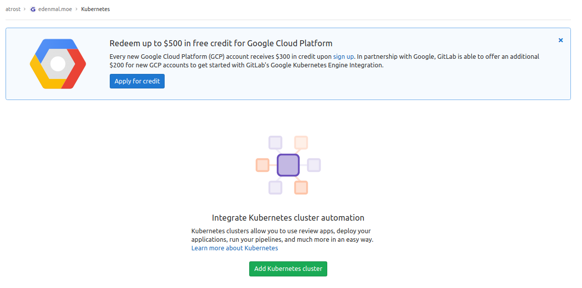 GitLab CI Kubernetes cluster - Cluster list page