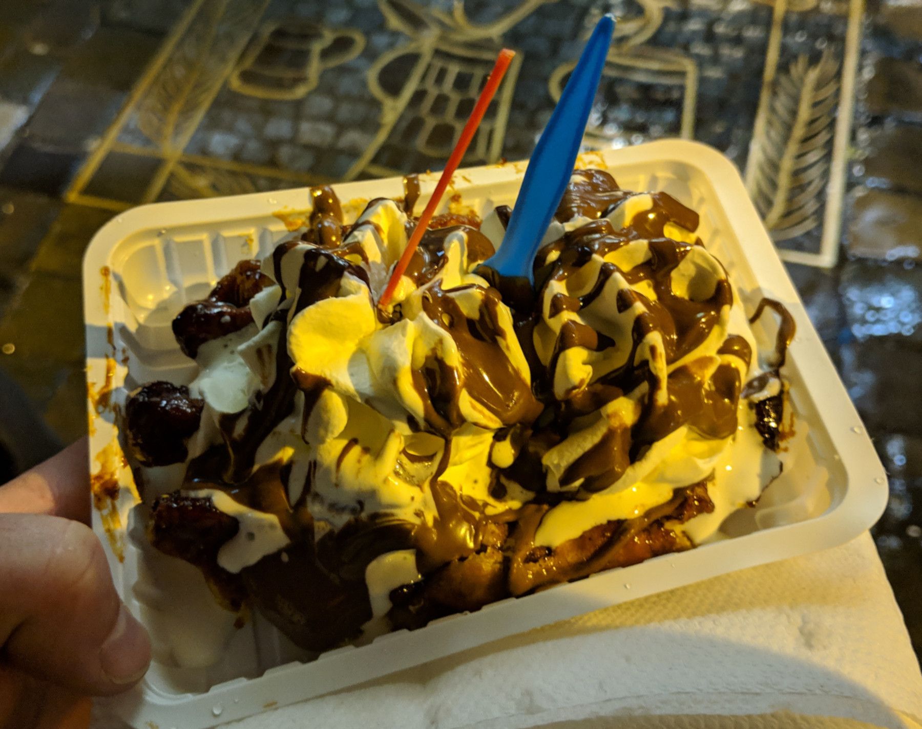 FOSDEM'19 Brussels - Le Funambule Waffle with cream whip and chocolate sauce